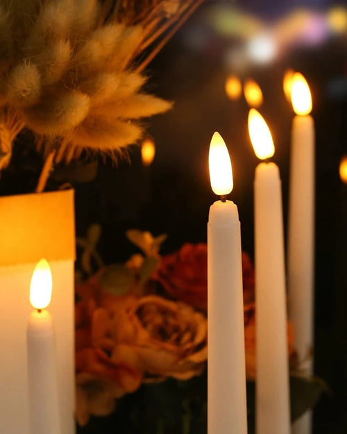 Close-up of the flickering LED taper candle glow