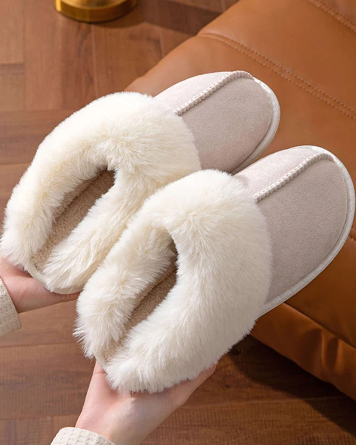 Sand faux suede scuff slippers, fluffy collar detail