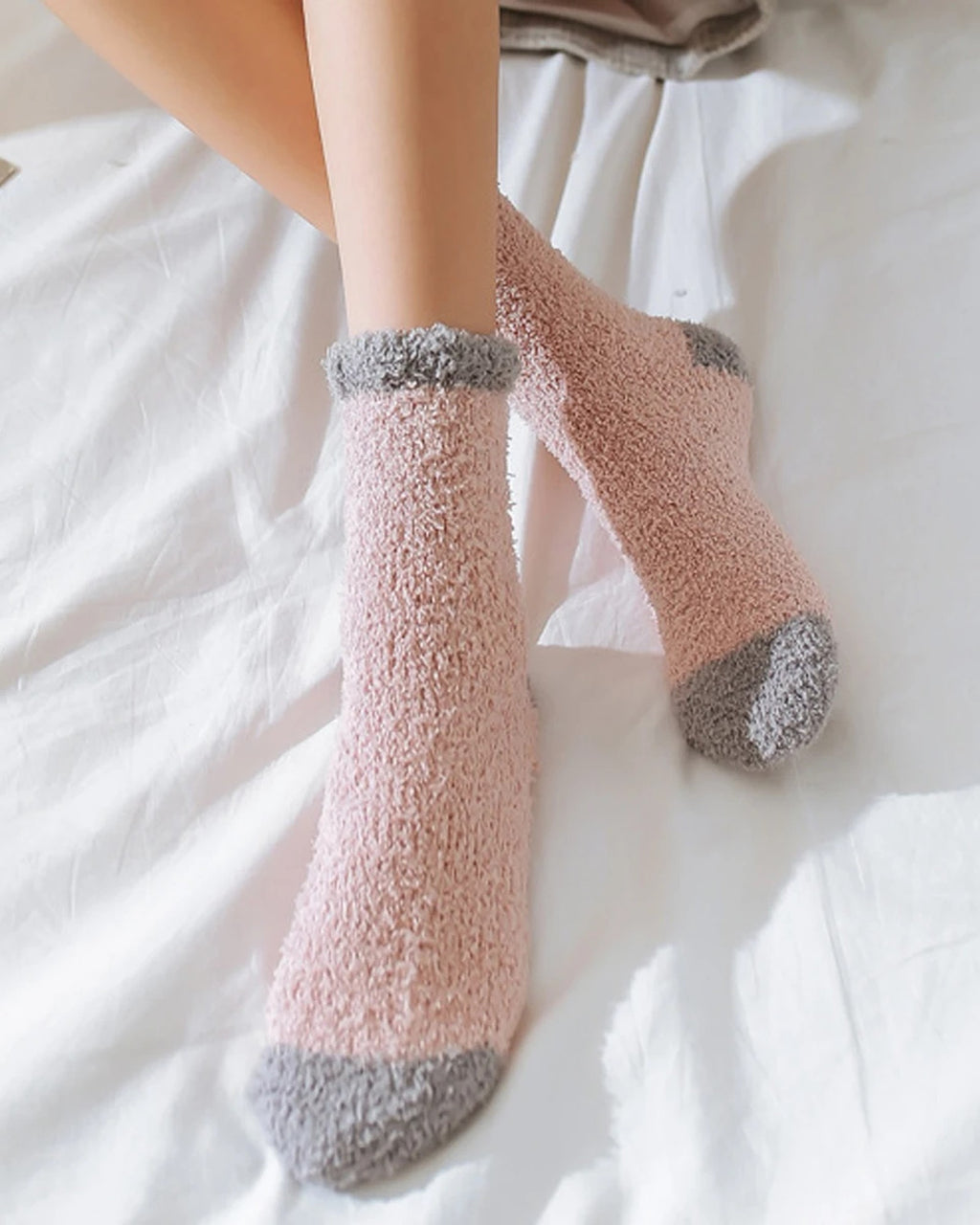 Fluffy blush bed socks worn
