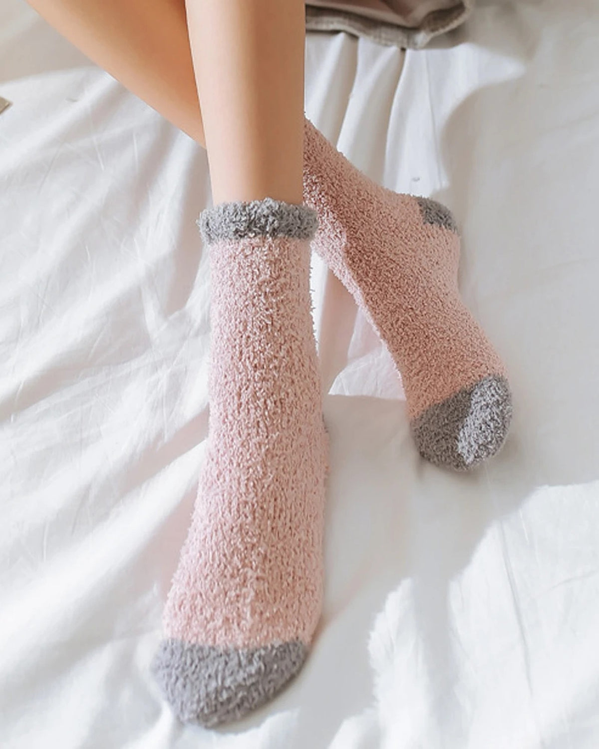 Fluffy blush bed socks worn