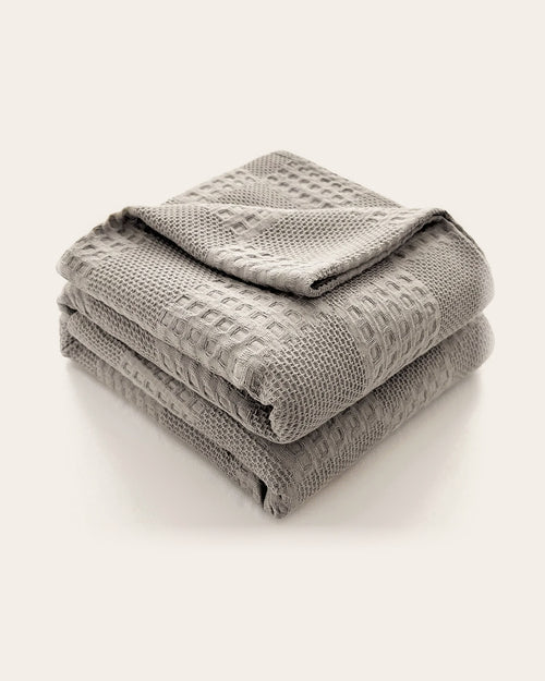 The Wren Cotton Waffle Throw in Dove Grey, folded