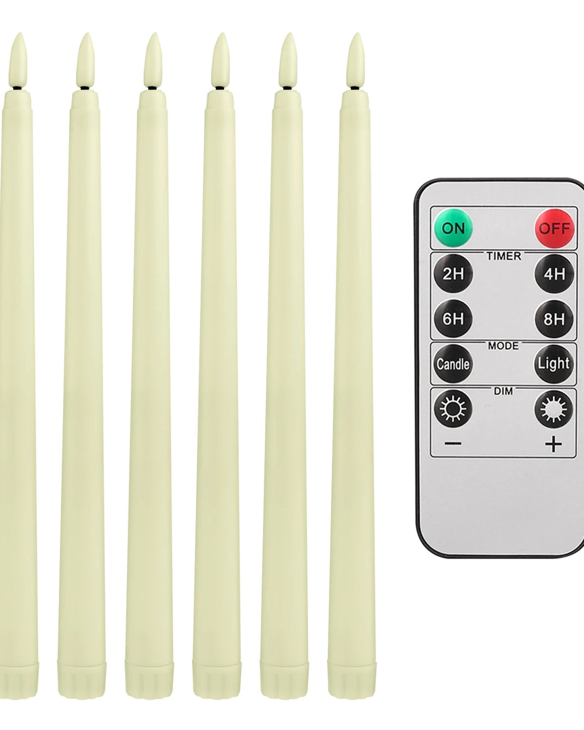 Six ivory flameless taper candles and the remote
